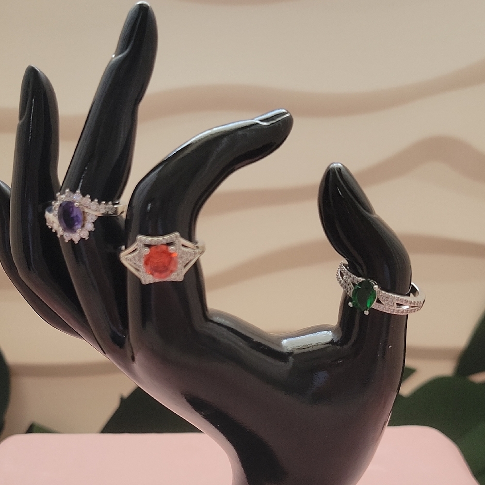 3 Elegant Silver Rings Set Of 3 with Purple, Red, and Green Stones
